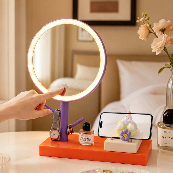 LED cosmetic mirror with phone holder