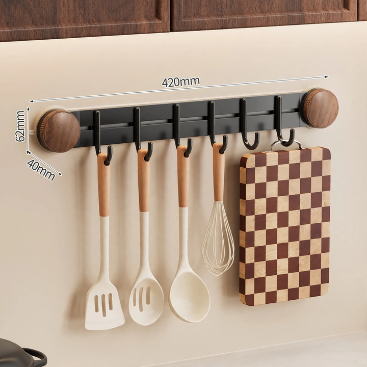 Suction cup kitchen rail with hooks, drill hole free