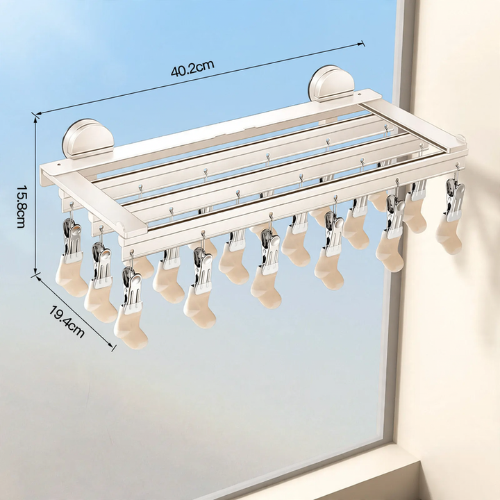 Aluminum drying rack with suction cup and clips