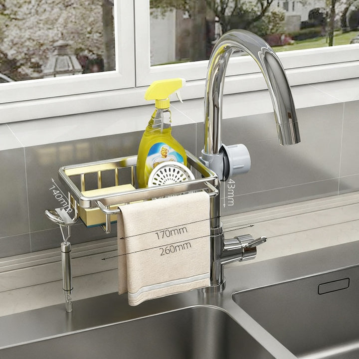 Aluminum storage basket for faucet and sink