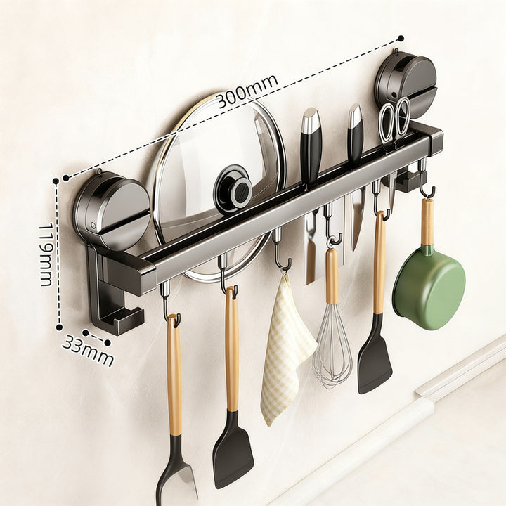 Kitchen hanging rod with hooks for utensils
