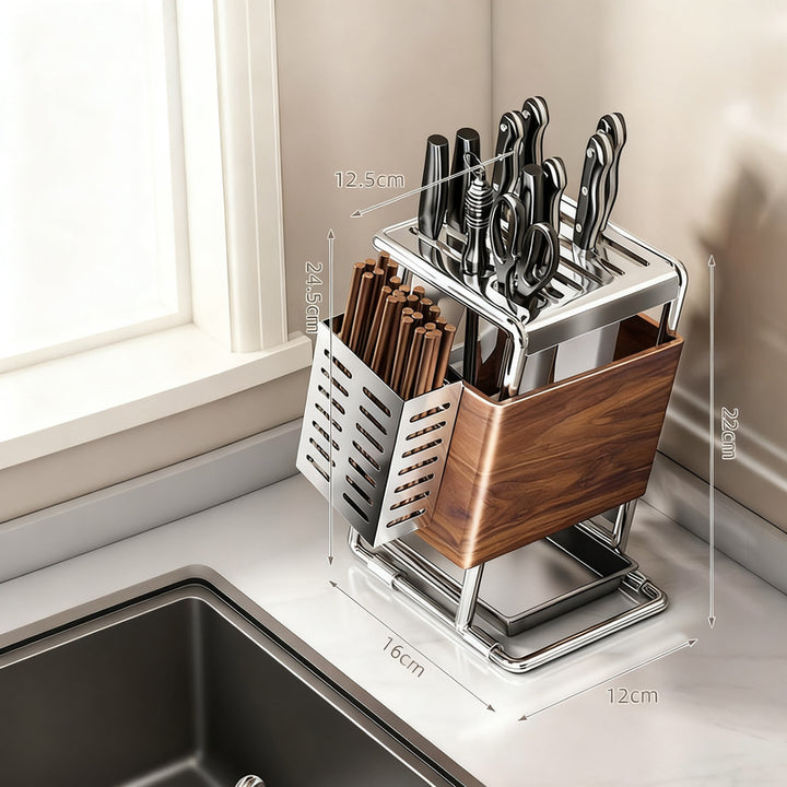 Rotating knife block made of stainless steel with accessories