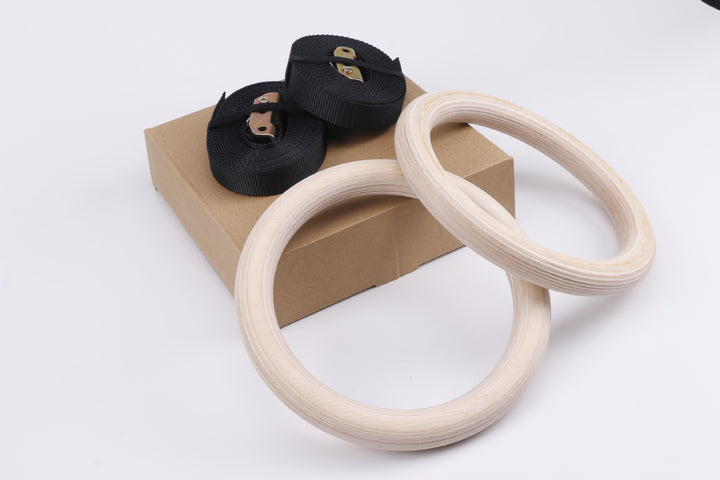 Wooden gymnastics rings with strap