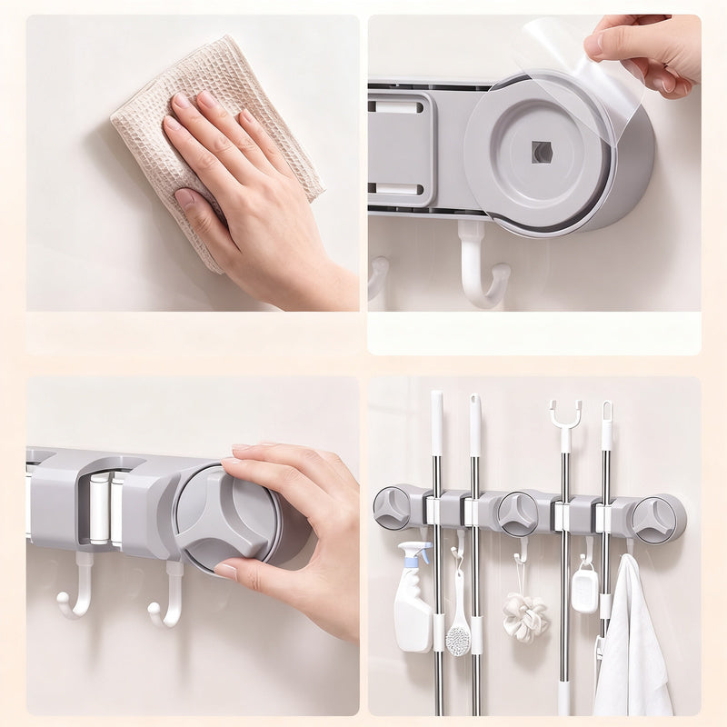 Suction cup holder for broom and mop