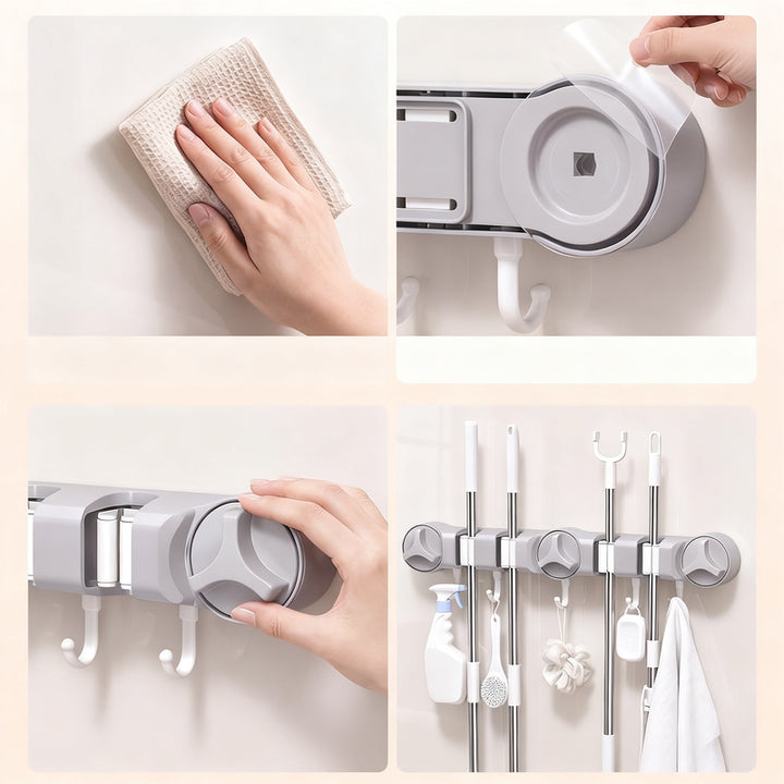 Suction cup holder for broom and mop