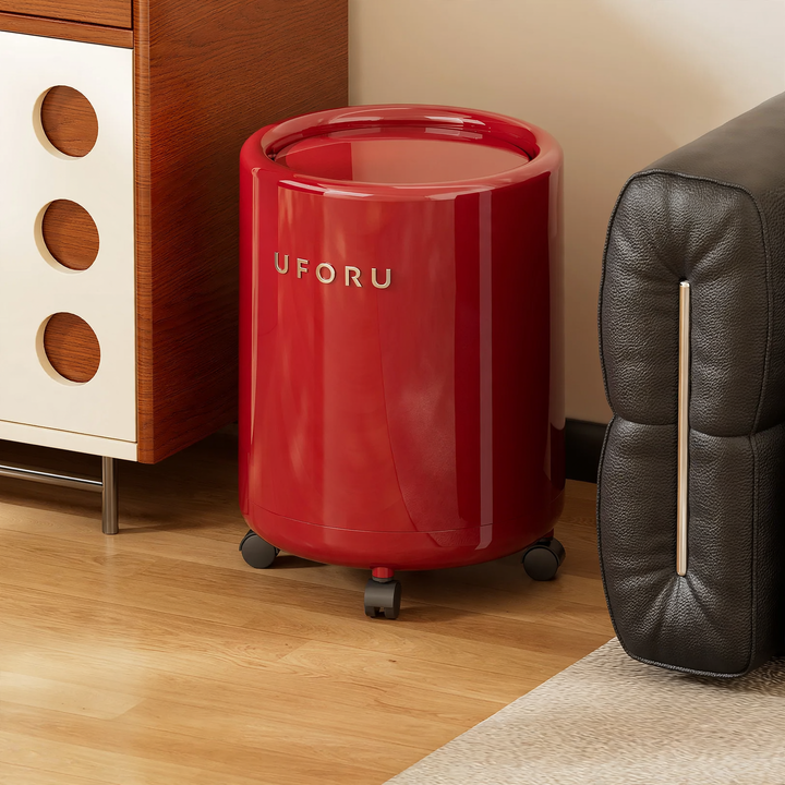 Large trash can with wheels and polka dot design