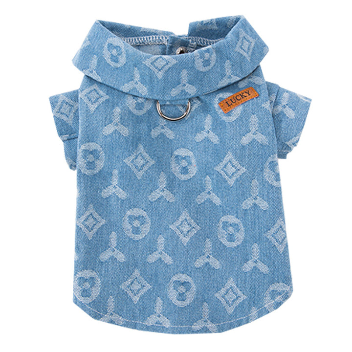 Denim-Dog jacket with leash ring for two front paws