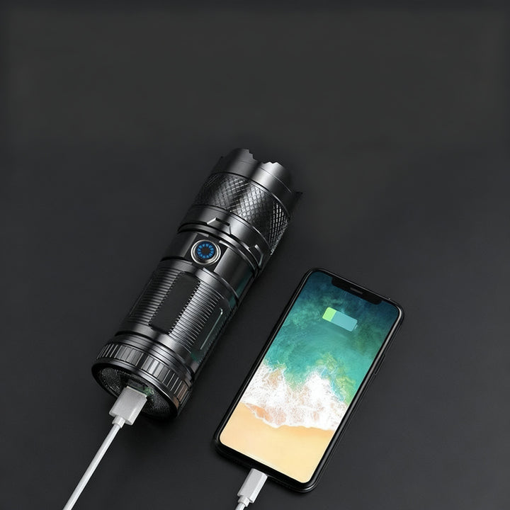 LED flashlight with zoom and USB-C charging