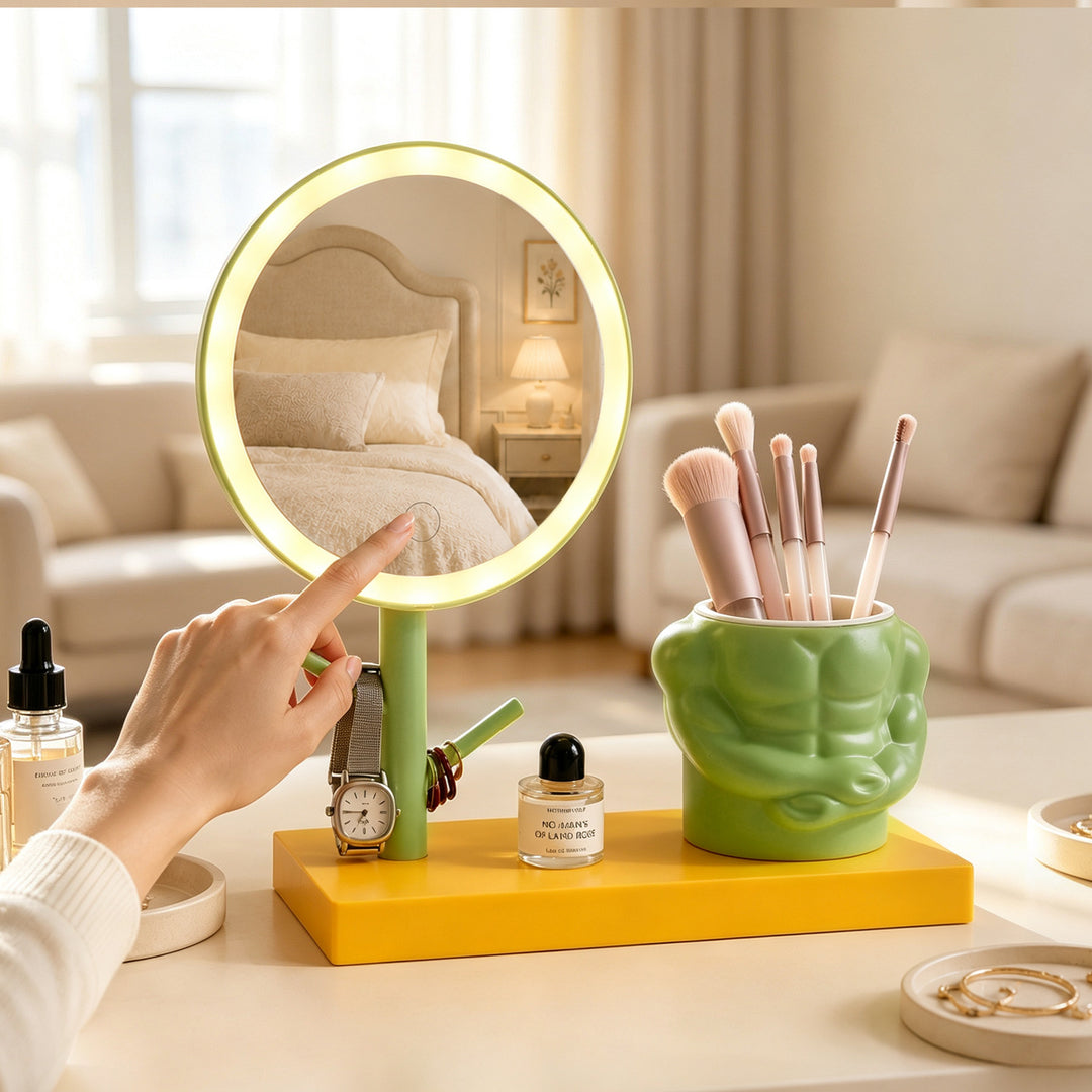 Makeup mirror with LED lighting and shelf
