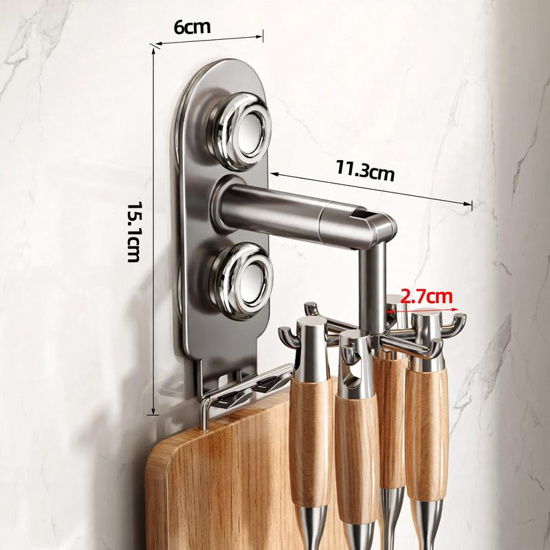 Rotating kitchen organizer, wall-mounted, 6 hooks, stainless steel