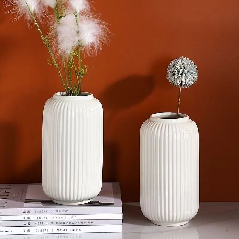 Ceramic flower vase with grooves, modern, white