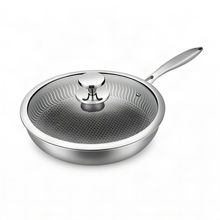 Stainless steel frying pan with glass lid