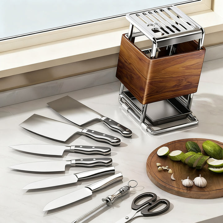 Carbon steel knife holder with cutlery compartment