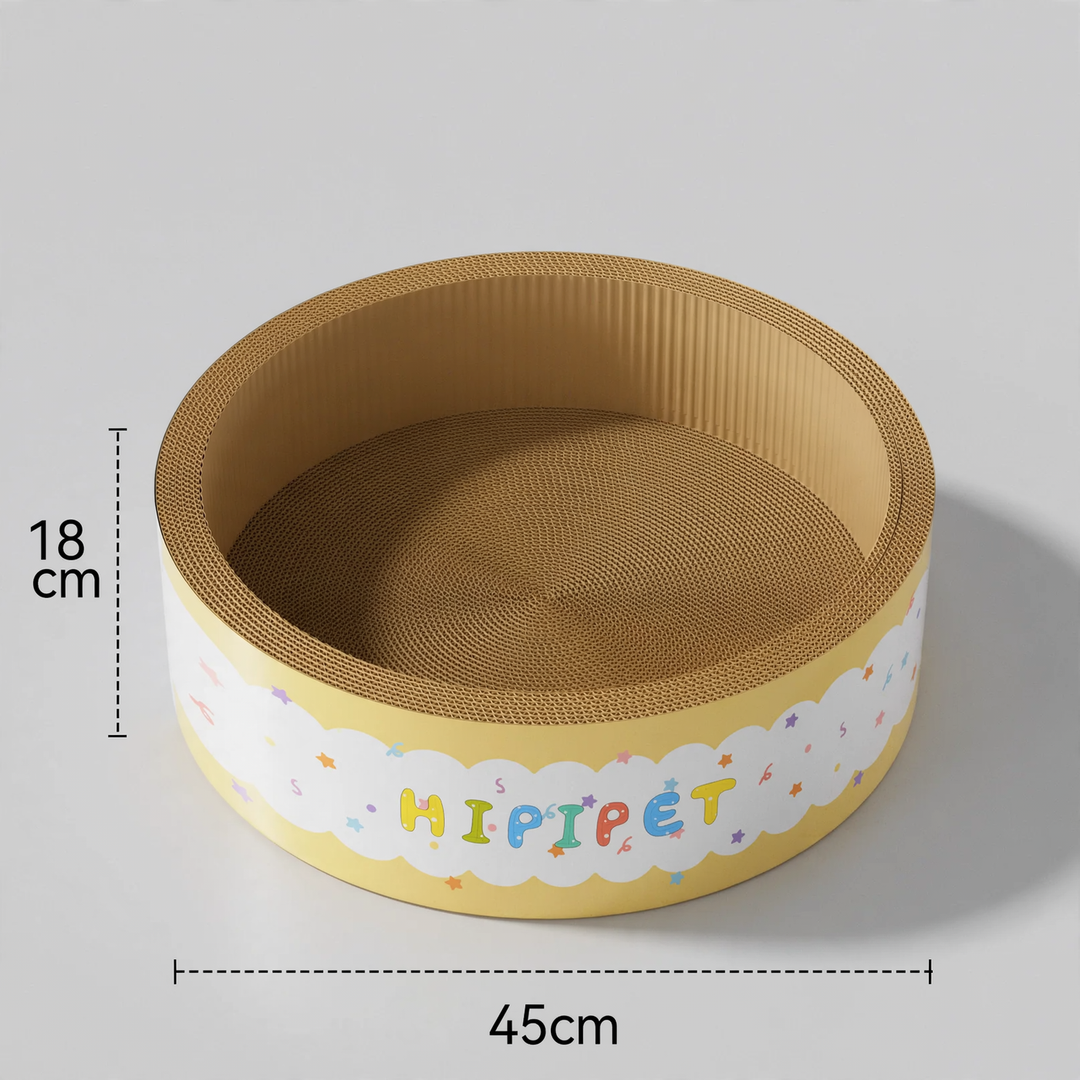 Cat scratching board made of corrugated cardboard with resting bowl