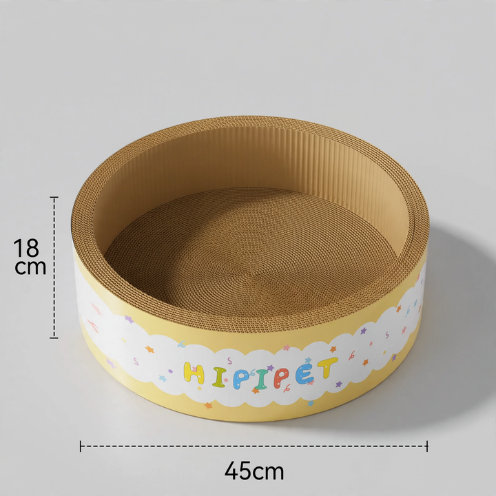 Cat scratching board made of corrugated cardboard with resting bowl