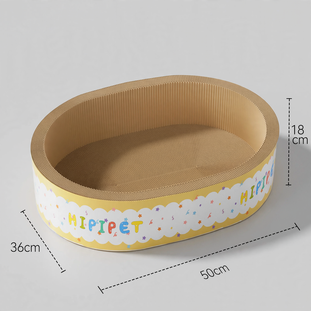 Cat scratching board made of corrugated cardboard with resting bowl