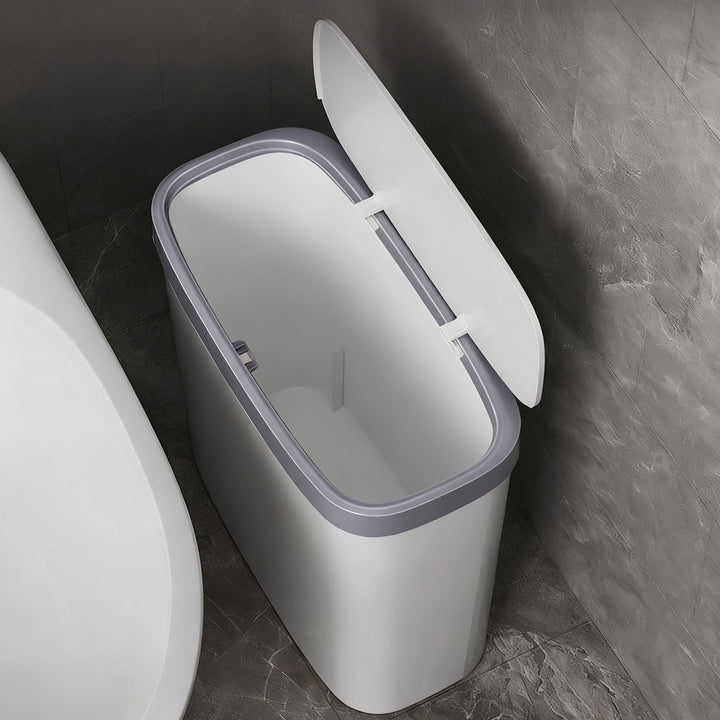 Narrow plastic trash can for bathroom and kitchen