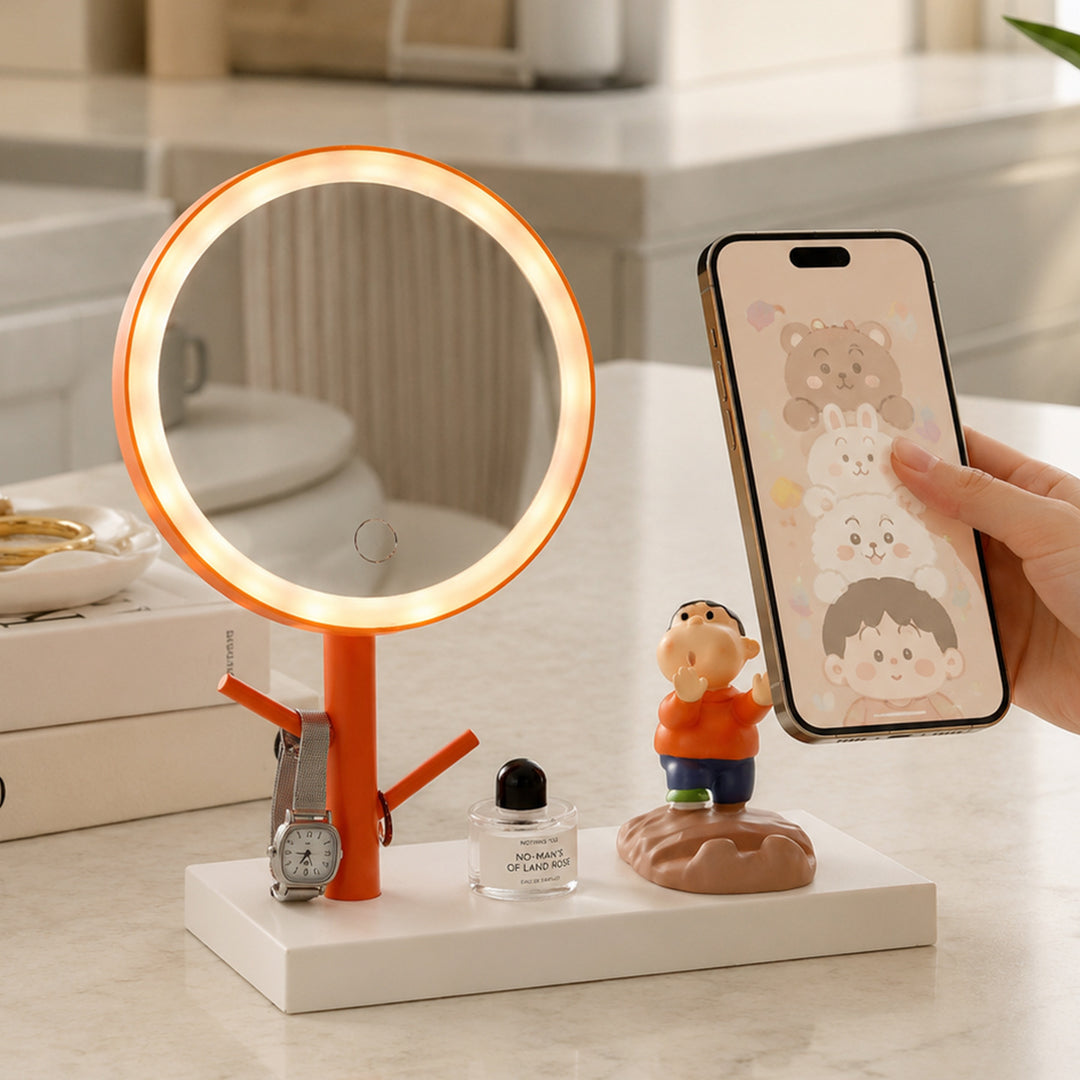 LED Make-up Mirror with Phone Holder and Jewelry Stand