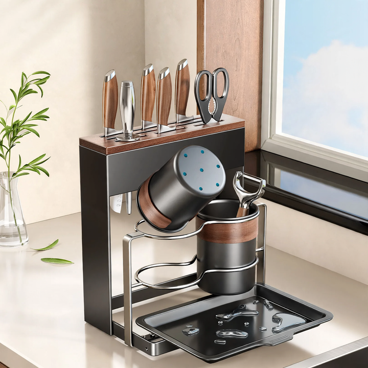 Walnut wood knife block with chopstick holder