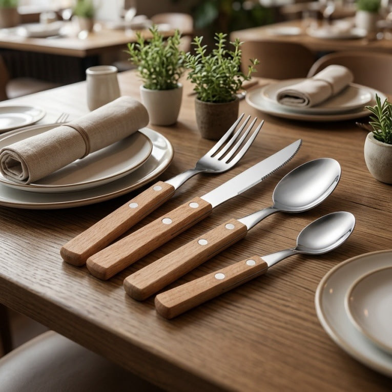 Cutlery set 12-piece, stainless steel with wooden handle