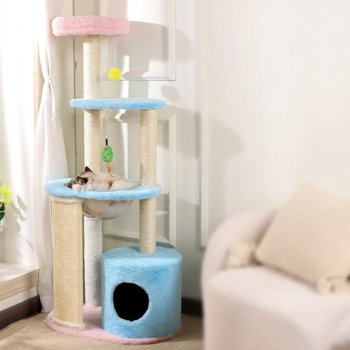 Cat climbing tree with scratching board and cave