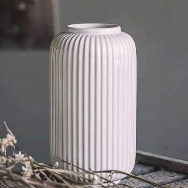 Ceramic flower vase with grooves, modern, white
