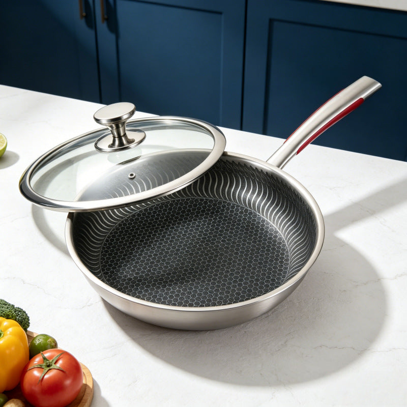 Stainless steel frying pan with glass lid