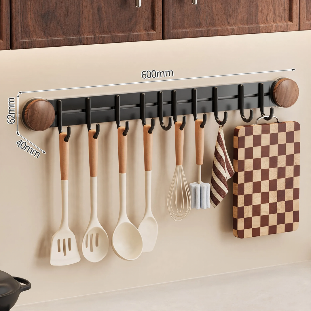 Suction cup kitchen rail with hooks, drill hole free