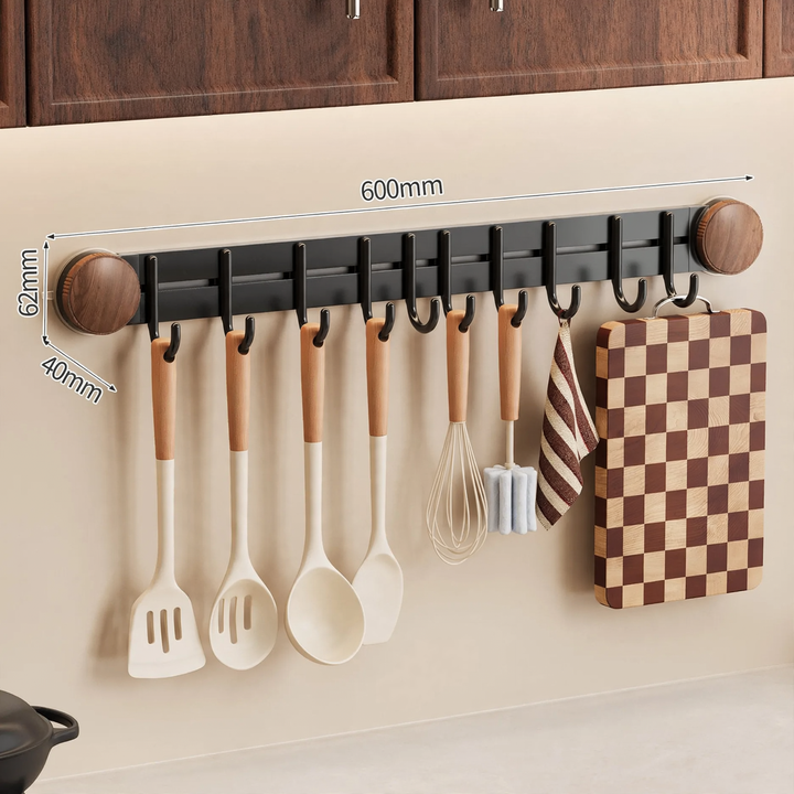 Suction cup kitchen rail with hooks, drill hole free