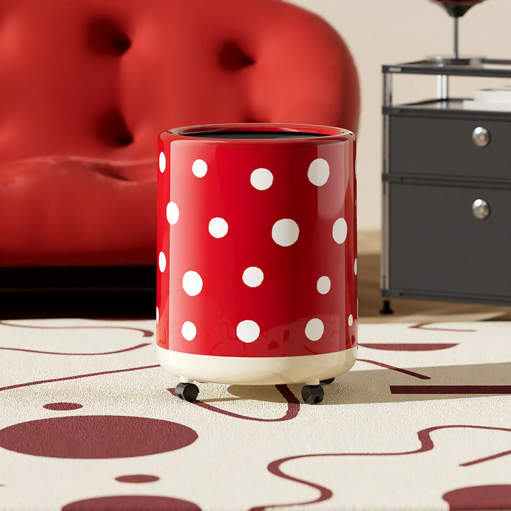 Large trash can with wheels and polka dot design