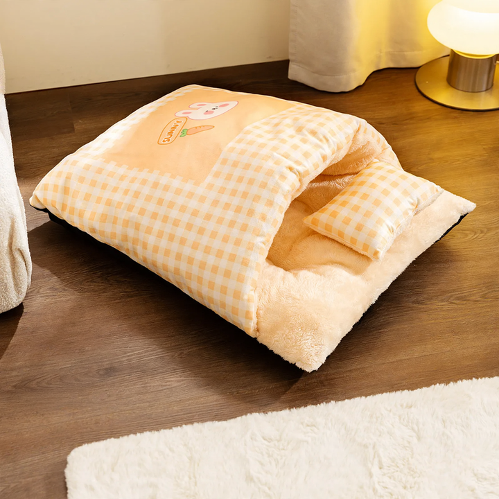 Half-closed pet bed with pillow, polyester