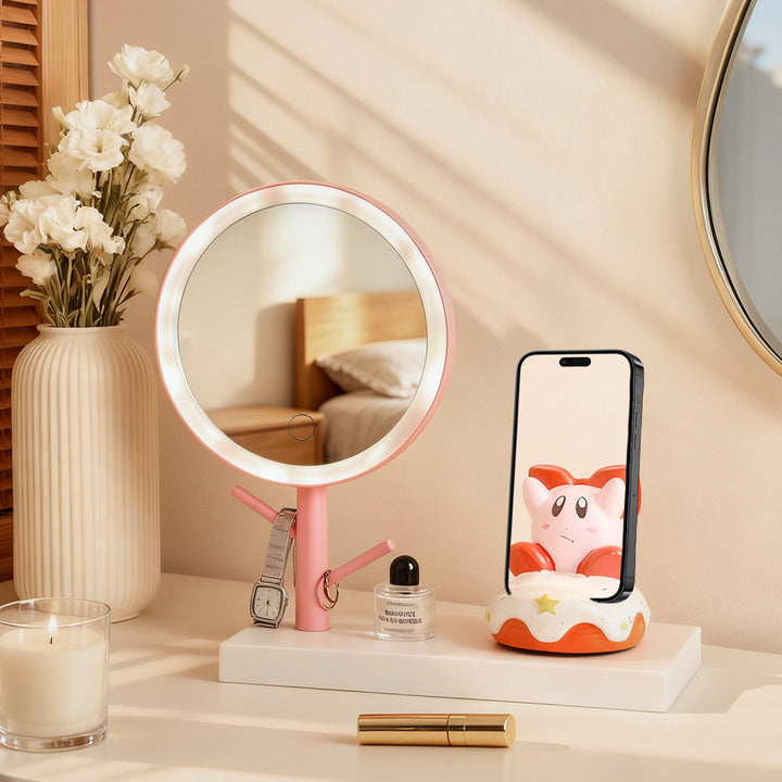 LED makeup mirror with smartphone holder