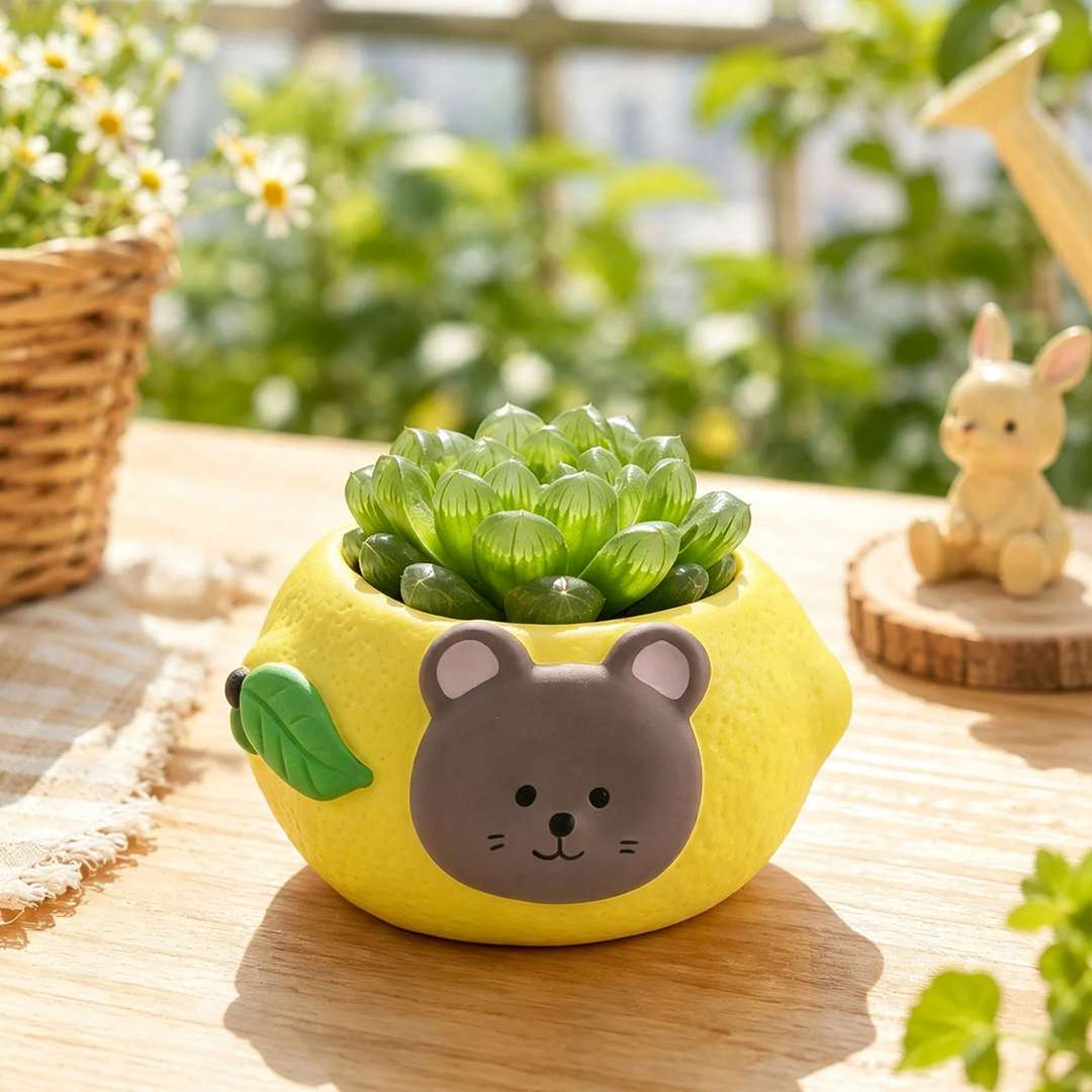 Flower pot bear and lemon, ceramic, painted