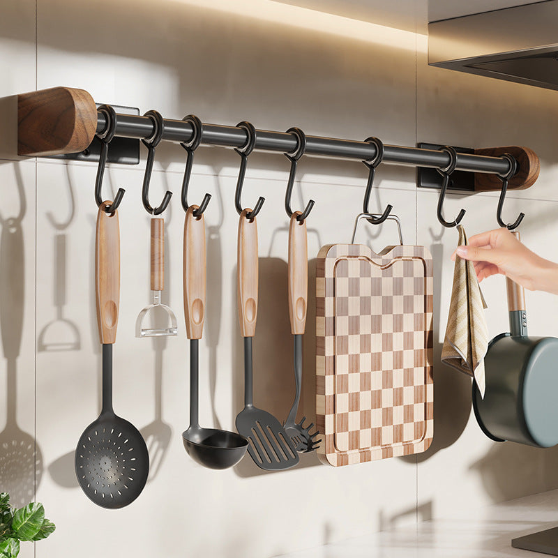 Wall-mounted kitchen rail with hooks