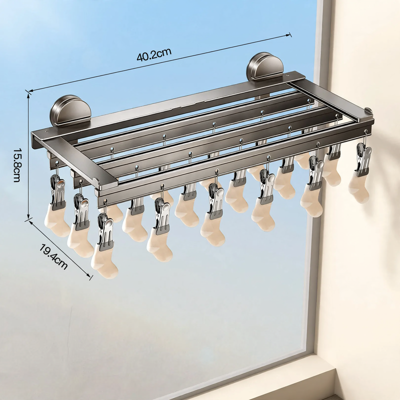 Aluminum drying rack with suction cup and clips