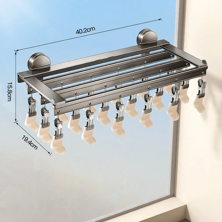Aluminum drying rack with suction cup and clips