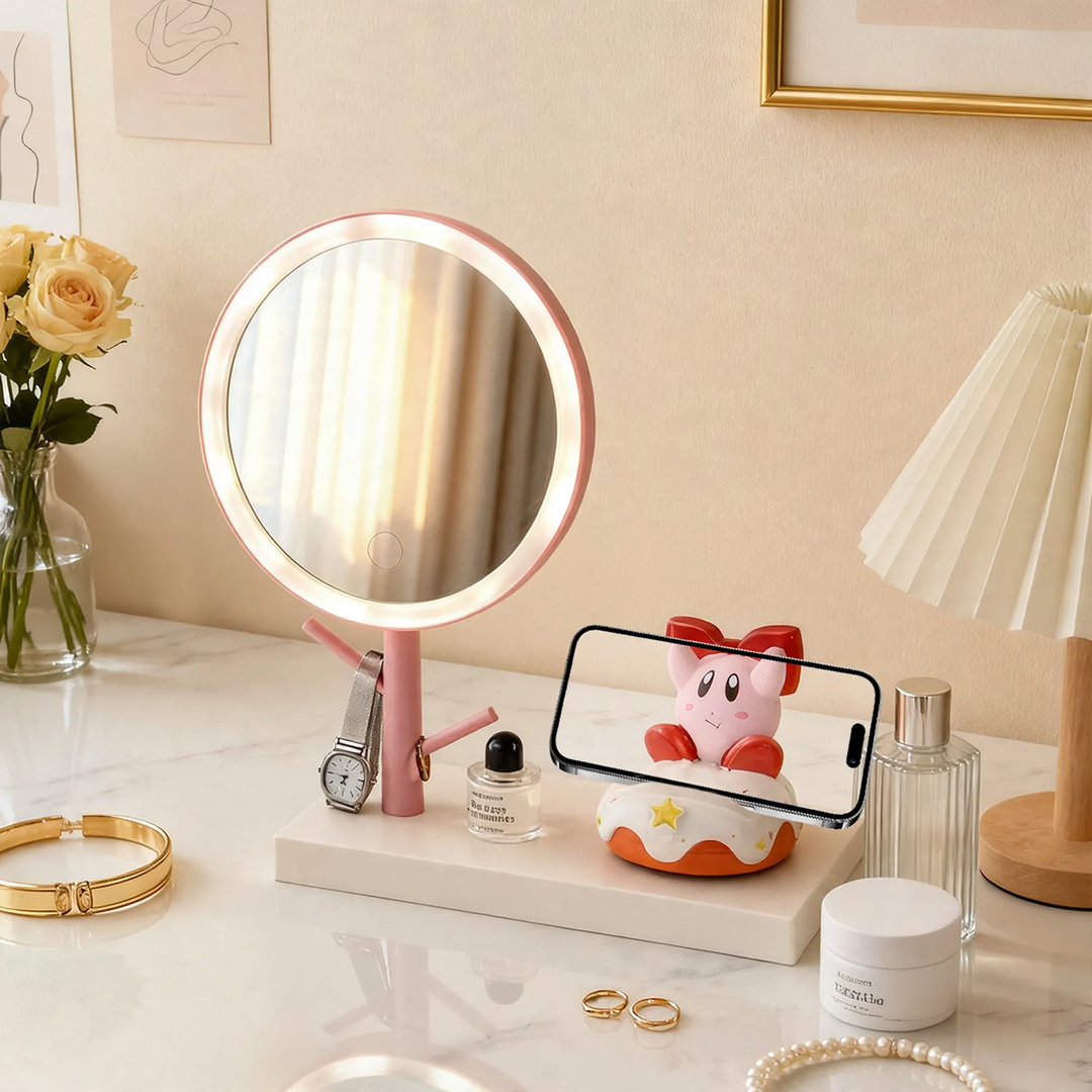 LED makeup mirror with smartphone holder