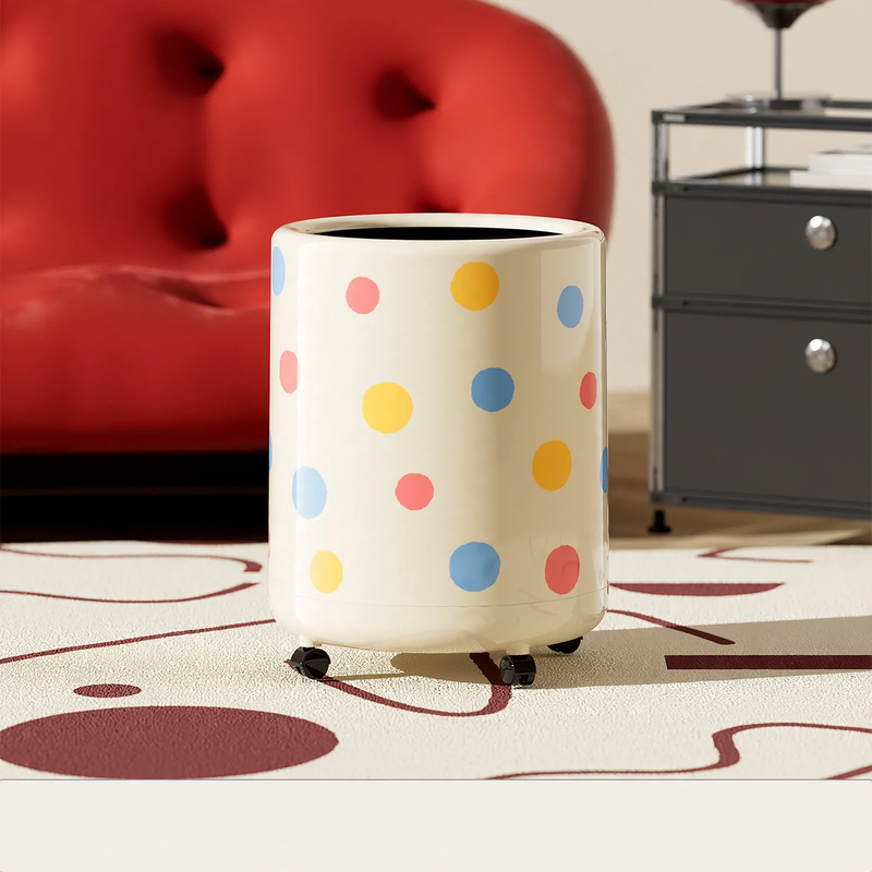 Large trash can with wheels and polka dot design