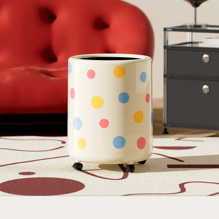 Large trash can with wheels and polka dot design