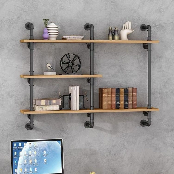 Wooden wall shelf, 140–240 cm, with metal brackets