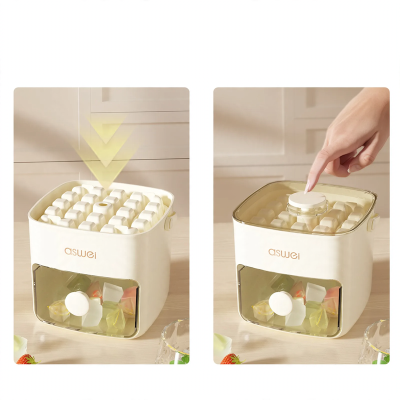 Ice cube tray with press function and storage container