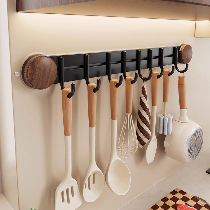 Suction cup kitchen rail with hooks, drill hole free