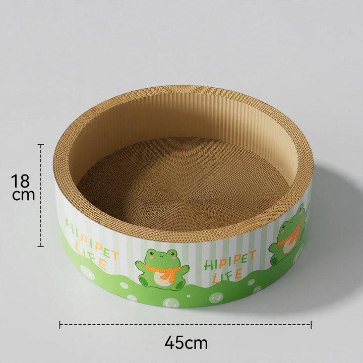 Cat scratching board made of corrugated cardboard with resting bowl