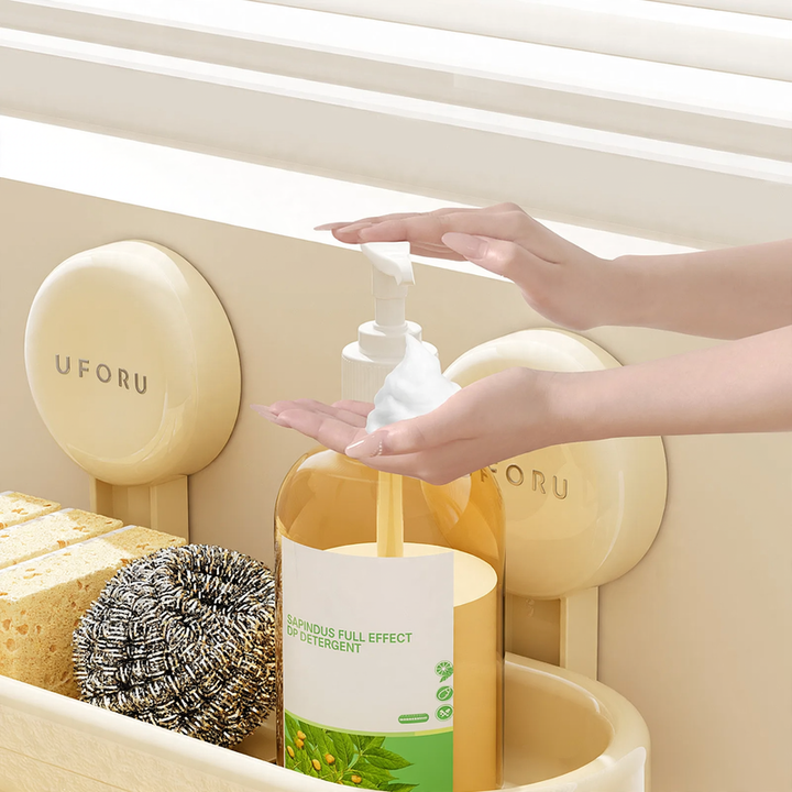 Kitchen shelf for sink with suction cup, no drilling