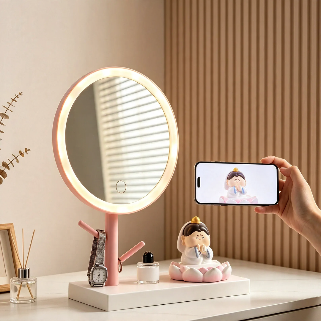 Lotus makeup mirror with phone stand and storage