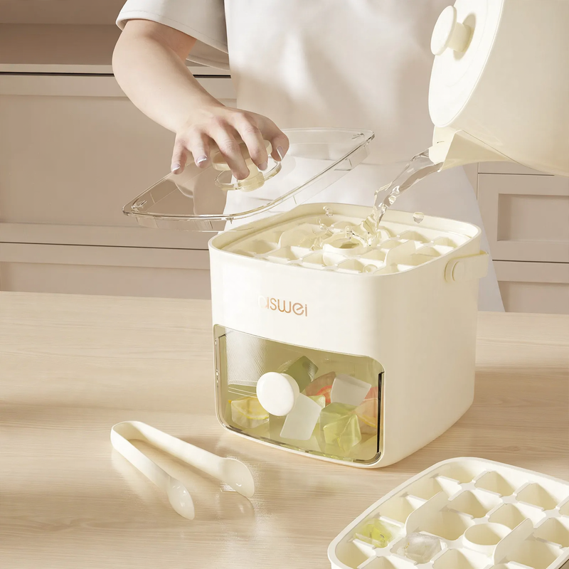 Ice cube tray with press function and storage container