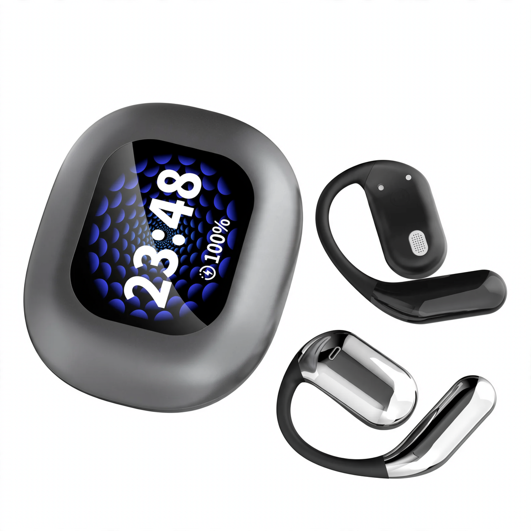 Open wireless earbuds with color touchscreen