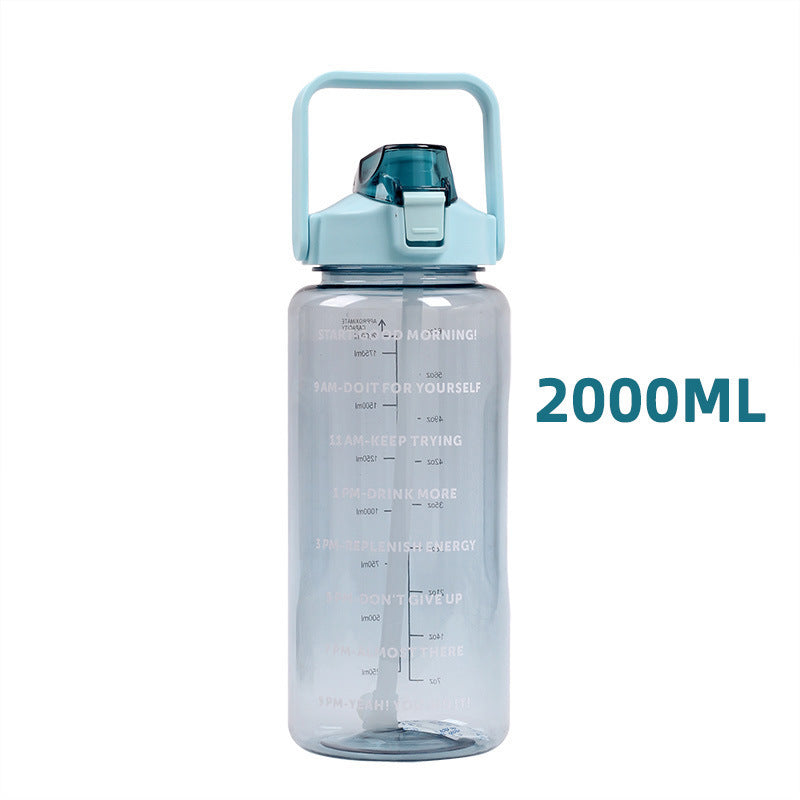 Sports water bottle 2 L with scale and straw