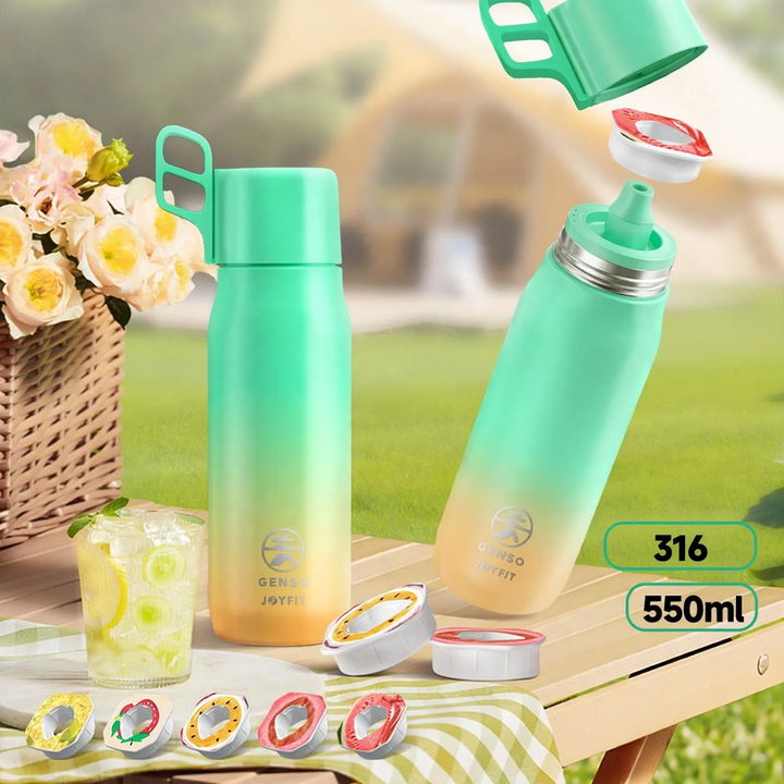 Stainless steel drinking bottle with flavor rings and straw