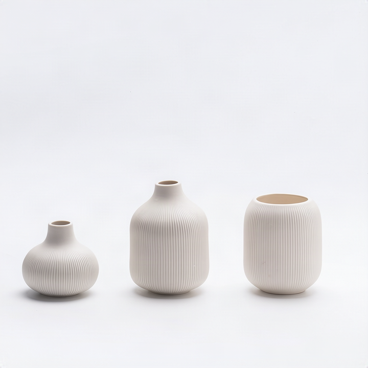 Ceramic flower vase with grooves, modern, white